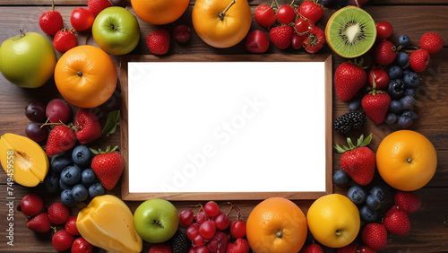 A wooden frame  void of content  adorned with an assortment of fruits and berries. Embracing the concept of nutritious eating  there s room for text. PNG. High-quality template.  