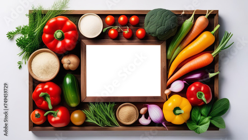 Wooden empty, empty frame, various vegetables and greens. Healthy eating concept, copy space. PNG. Premium layout or mockup