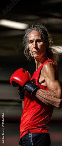 Grandmother in boxing gloves. Sports in retirement age.