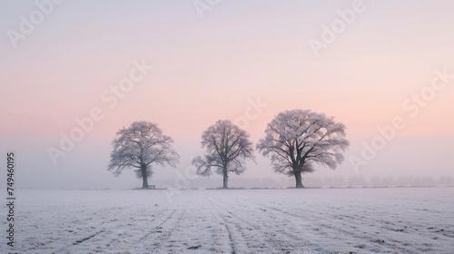 Three trees in a winter field. Frosty dawn.