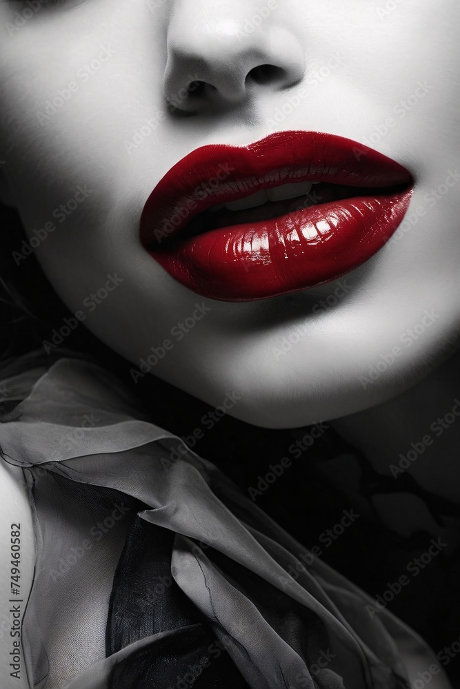 Obraz premium An alluringly intimate portrait of a woman's elegant features on black-and-white photograph. Her lips, painted a deep crimson, exude sensuality and mystery