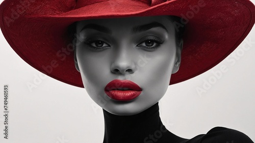 An alluringly intimate portrait of a woman's elegant features on black-and-white photograph. Her lips, painted a deep crimson, exude sensuality and mystery photo