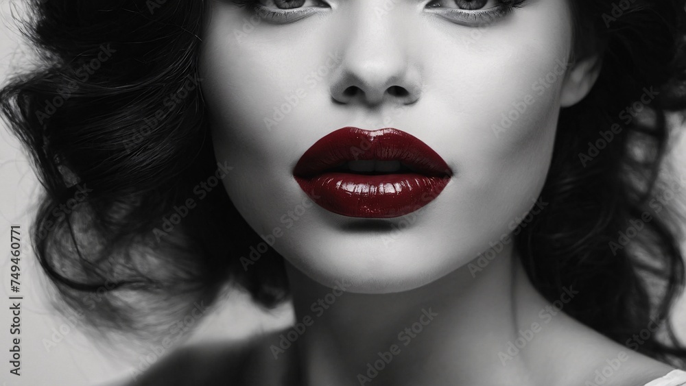 An alluringly intimate portrait of a woman's elegant features on black-and-white photograph. Her lips, painted a deep crimson, exude sensuality and mystery An alluringly intimate portrait of a woman's elegant features on black-and-white photograph. Her lips, painted a deep crimson, exude sensuality and mystery