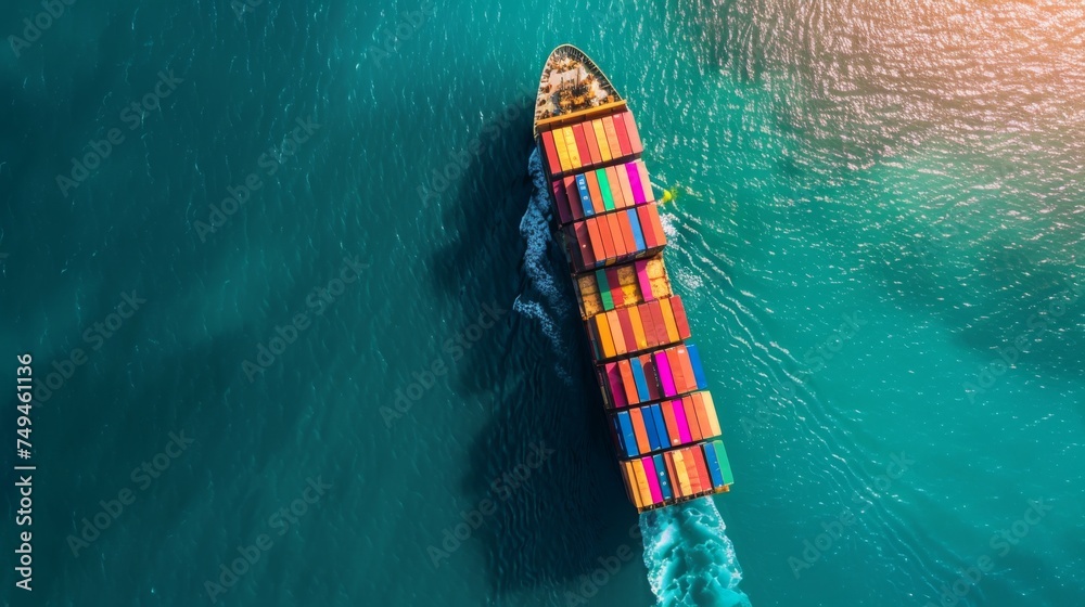 This image captures an aerial perspective of a cargo ship loaded with vibrant containers, navigating the tranquil blue sea. This image captures an aerial perspective of a cargo ship loaded with vibrant containers, navigating the tranquil blue sea.