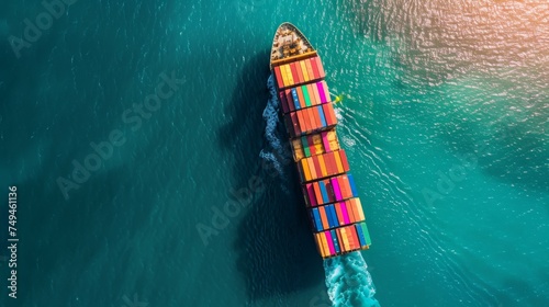 This image captures an aerial perspective of a cargo ship loaded with vibrant containers, navigating the tranquil blue sea. © Victoriia