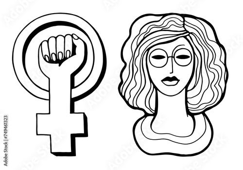 Woman portrait in doodle style and feminism sign. International Women's Day. Feminism concept design. Vector illustration for a card; poster; modern design.