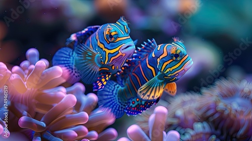 Among the vibrant corals of a serene reef ecosystem, vivid mandarin fish with striking patterns glide gracefully, their vibrant hues enhancing the beauty of the underwater environment. © HappyFarmDesign