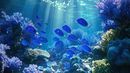 A school of serene blue tang fish navigate the tranquil, light-flooded waters of a thriving coral reef ecosystem.