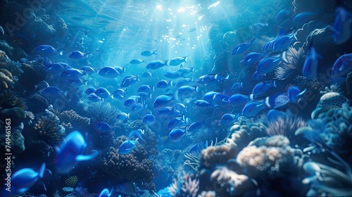 In the tranquil, light-flooded waters of a thriving coral reef ecosystem, a school of serene blue tang fish gracefully navigate, their presence adding to the peaceful ambiance of the underwater world. © HappyFarmDesign