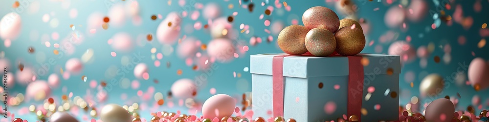 Easter eggs of gold and pink color flying out of a gift box on a blue background - obrazy, fototapety, plakaty 
