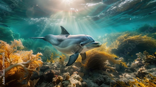 Teeming with marine flora, a sunlit seabed provides the backdrop as a playful pod of dolphins swims in crystal-clear shallow waters, creating a mesmerizing sight.