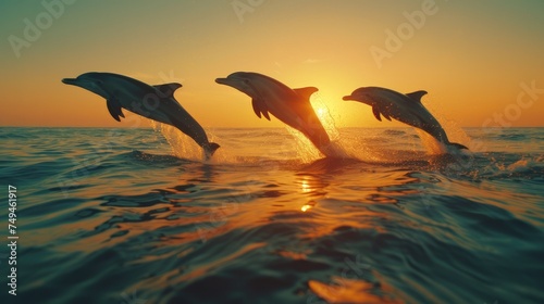 A trio of dolphins leap in unison against the backdrop of a stunning ocean sunset  creating a picturesque and dynamic scene.