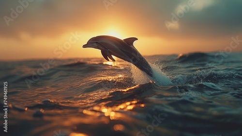 Against the backdrop of a stunning ocean sunset, a trio of dolphins leaps in unison, creating a picturesque and dynamic scene that captivates the onlooker's gaze. © HappyFarmDesign