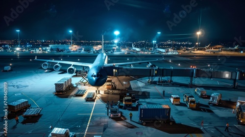 An aerial view of a bustling airport at night, showcasing an airplane at the gate, cargo being loaded, and the vibrant lights of the facility. photo
