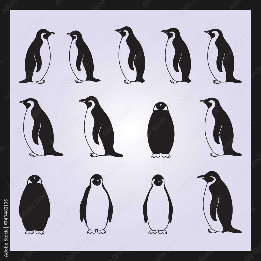 Fototapeta premium Penguin silhouette set Clipart on a hex color background