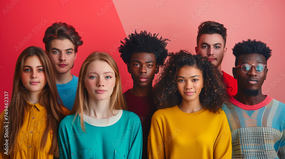 A group of multiethnic teenagers standing together, looking at the camera with different hair and skin colors, wearing colorful