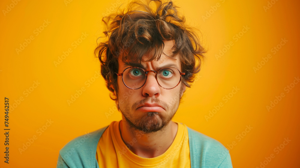 A funny young man with curly hair and glasses looking at the camera, frowning in anger on a yellow background - obrazy, fototapety, plakaty 