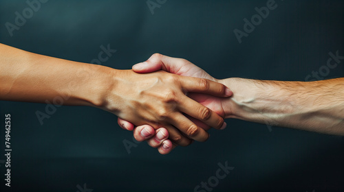Close up of a male and female hand shaking on a dark background, with copy space for text. A concept about people supporting or helping each other