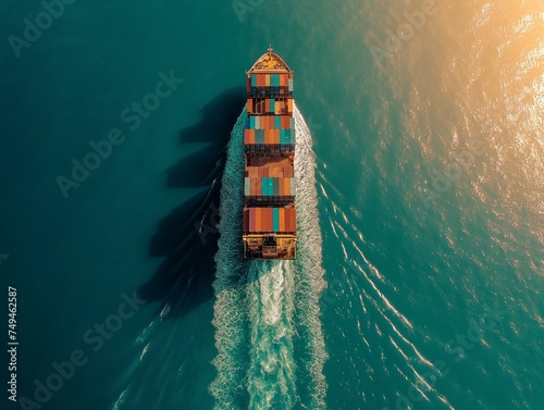 An overhead shot captures a cargo ship navigating the turquoise seas, a testament to the enduring spirit of trade.