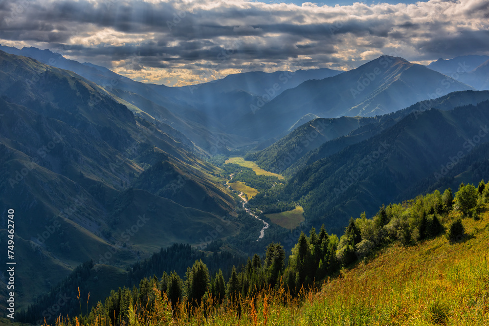 Fototapeta premium A picturesque gorge in the Dzhungar Alatau mountains in the southeast of Kazakhstan in the Zhetysu region on a summer morning