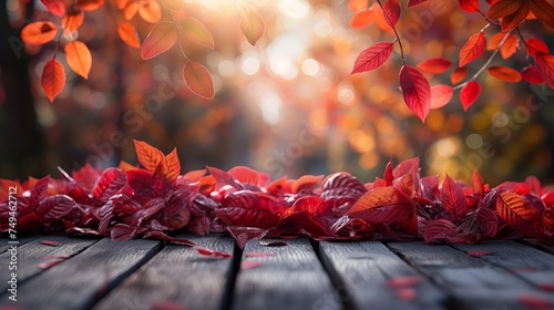 Wooden table with autumn leaves on bokeh background
