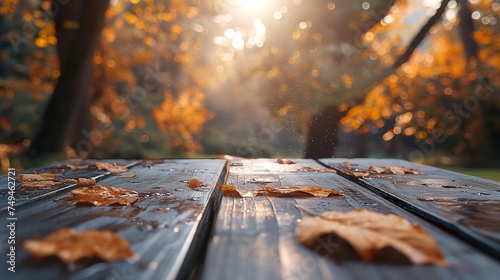 Wooden table with autumn leaves on bokeh background