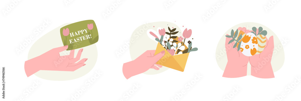 Easter message vector illustration concept. Happy easter postcard. Female hands with egg, flowers, tulips, branches and paper envelope.