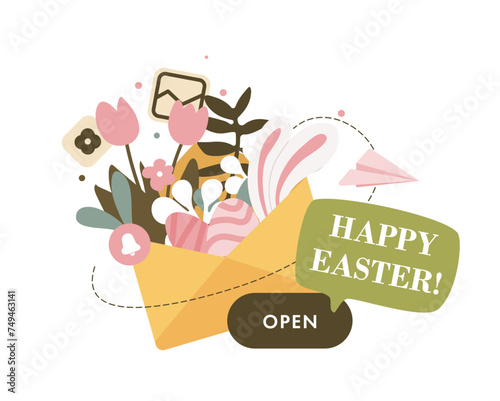 Easter newsletter banner. Vector illustration template. Paper envelope filled with spring flowers in calm pastel tones with “happy easter” message. Floral invitation with easter eggs and bunny ears