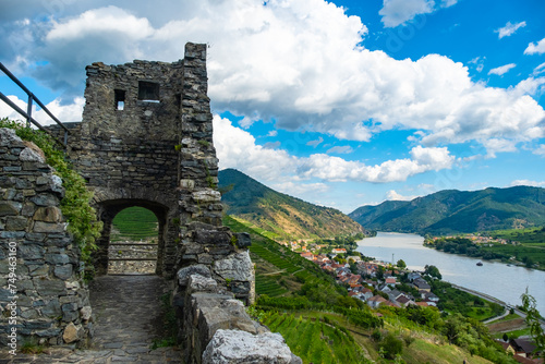Panorama of Wachau valley with Danube river near Duernstein village in Lower Austria. Traditional wine and tourism region, Danube cruises.