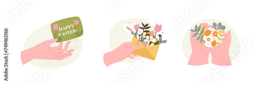 Easter message vector illustration concept. Happy easter postcard. Female hands with egg, flowers, tulips, branches and paper envelope.
