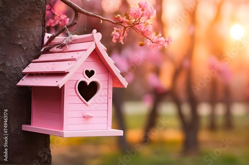 Close up of pink coloured wooden bird house with heart shaped entrance hanging on tree branch in blurred spring outdoor background. Wooden home handmade symbol of love, wildlife accommodation 