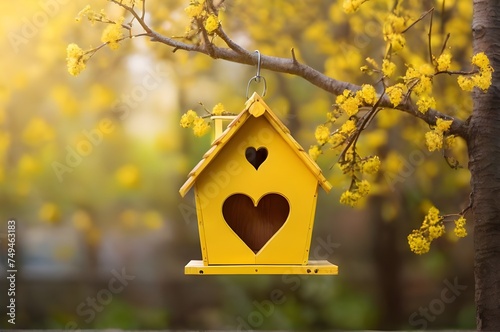 Close up of yellow coloured wooden bird house with heart shaped entrance hanging on tree branch in blurred spring outdoor background. Wooden home handmade symbol of love, wildlife accommodation 