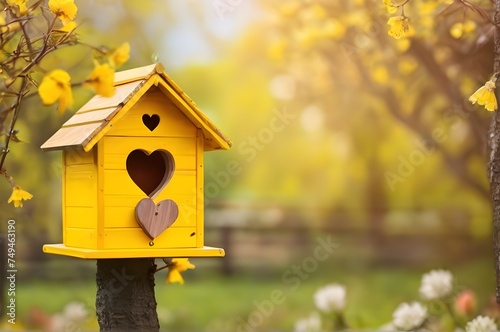 Close up of yellow coloured wooden bird house with heart shaped entrance hanging on tree branch in blurred spring outdoor background. Wooden home handmade symbol of love, wildlife accommodation  © Sadushi