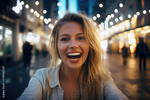 Pretty young woman happy and surprised expression city background © Vitaly