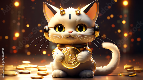 cat with a Gold coin，singer cat，janice，money，cat, animal, kitten, cartoon, illustration, pet, cute, funny, feline, drawing, pets, fun, kitty, design, love, mammal, animals, fur，Gold coin，money photo