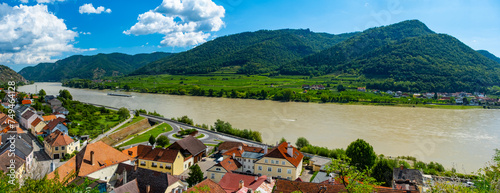 Panorama of Wachau valley with Danube river near Duernstein village in Lower Austria. Traditional wine and tourism region, Danube cruises. photo
