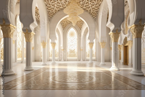 3d rendering of a white gold mosque hall with light coming in through the windows © Nico