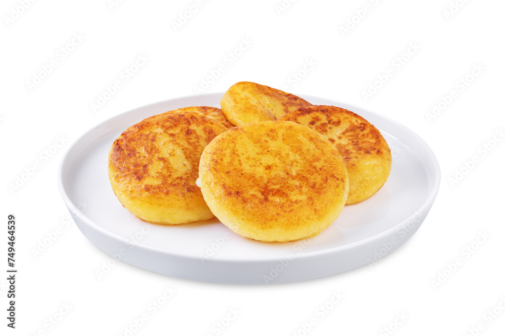 Korean cheese potato pancakes on a white isolated background