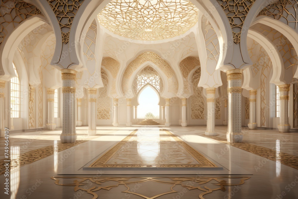 Beautiful mosque interior architecture with elegant sunlight Ramadan with 3D sunlight background