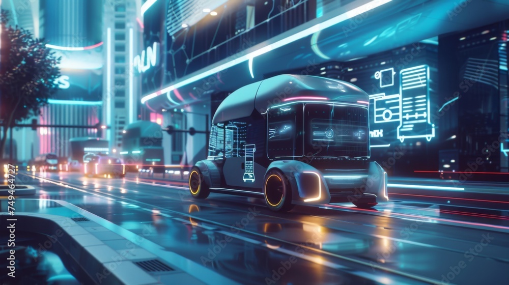 A concept image of an autonomous truck driving through a smart city with vibrant neon lights and futuristic technology.