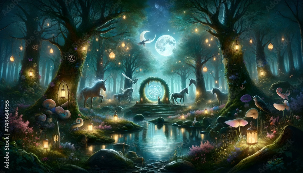 Enchanting night scene of a mystical forest with magical creatures and glowing lights
