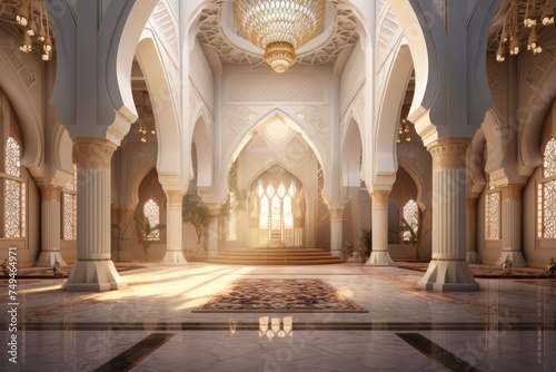3D illustration of a beautiful mosque interior with sunlight. Ramadan Kareem background © Nico