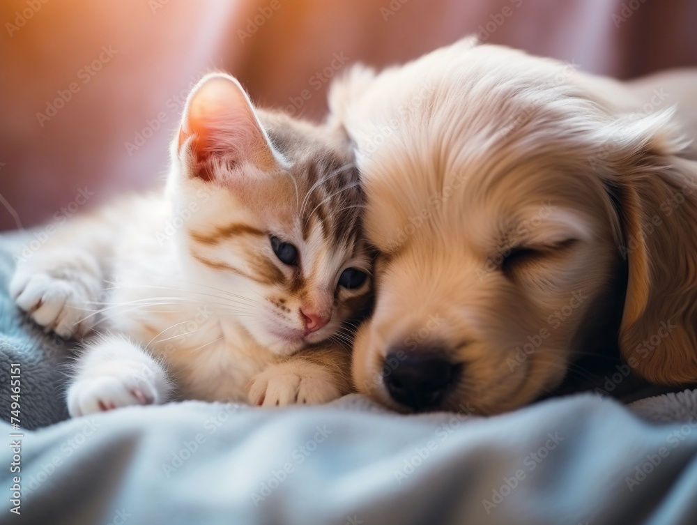 cute little baby puppy dog and cat kitten laying close to each other and kissing. at home on a warm cozy 