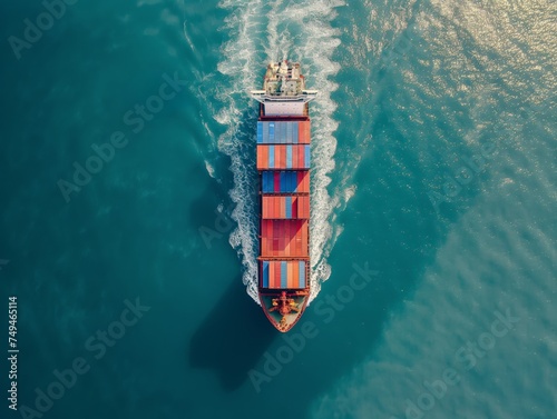 An aerial view of a cargo ship laden with colorful containers, cutting through the blue ocean.