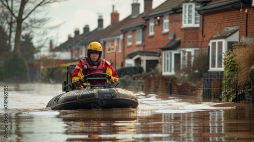A focused rescue worker pilots a hovercraft on a waterlogged residential street after a flood, showcasing determination and emergency response. photo