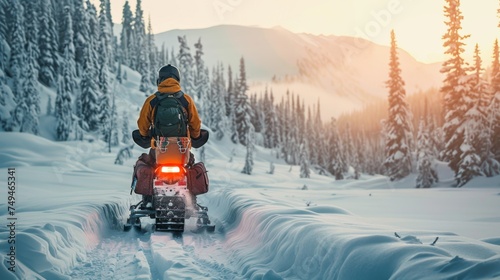 A person on a snowmobile journey through a snow-covered forest, with warm sunset light illuminating the tranquil winter landscape.