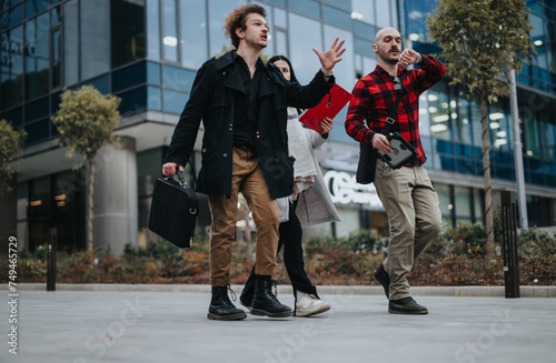 Business partners engage in a discussion while walking outside a modern office building, collaborating on work matters.