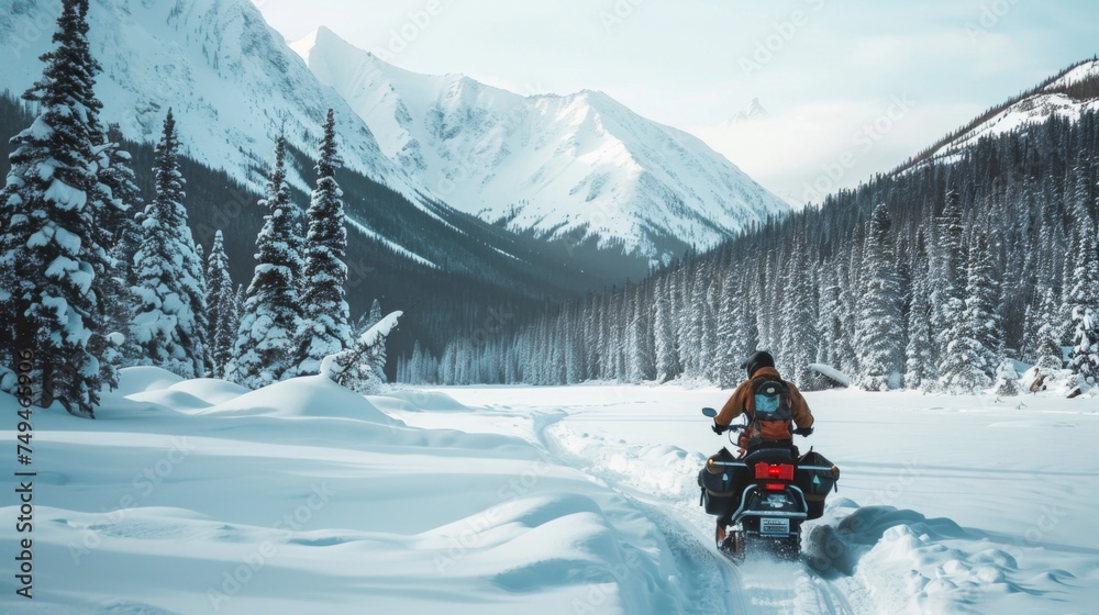 An individual on a snowmobile travels through a snowy valley surrounded by pine trees and mountains, conveying a sense of adventure and tranquility in the wilderness.