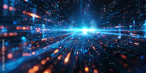 Hyper speed Travel through Data Tunnel.
A high-speed journey through a digital tunnel with bright blue data streams.