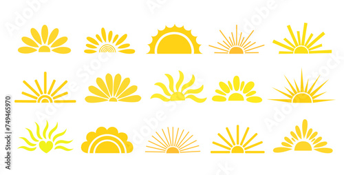 Simple yellow half sun hand drawn vector flat illustration with half-circle shape in middle, cute summer sunset, dawn image for logo, cards, decor, vacation concept, holiday, summertime kids design photo